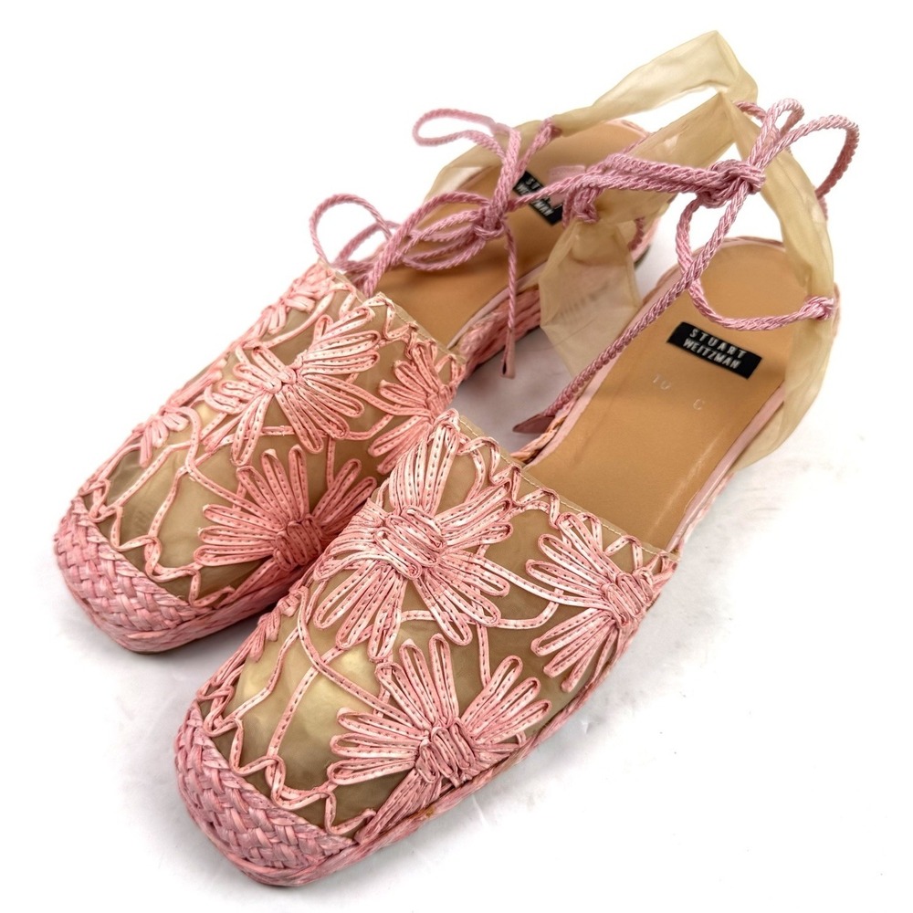 Stuart Weitzman Rafia Espadrille Flats Pink Mesh Barbiecore Lace Up 10 Narrow - Picture 2 of 9